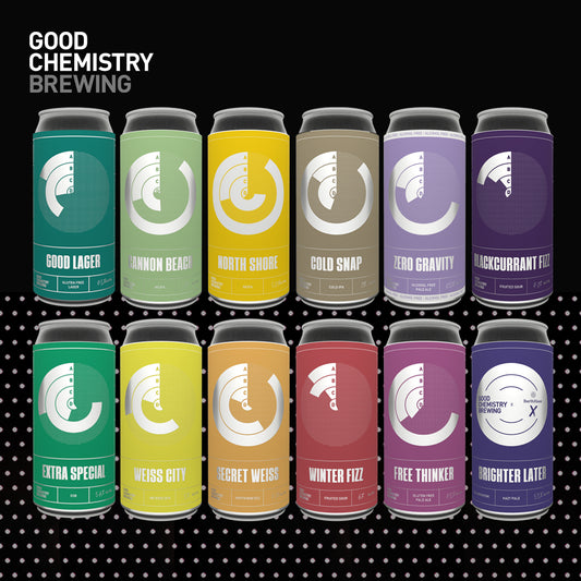 A selection of 12 colourful craft beer cans that make up the Good Chemistry Brewing's mixed case.