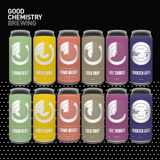 A selection of 12 colourful craft beer cans that make up the Good Chemistry Brewing's Top of the Hops mixed case.