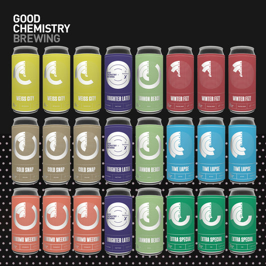 A selection of 24 colourful craft beer cans that make up the Good Chemistry Brewing's mega mixed case.